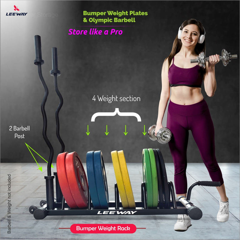 LEEWAY Olympic Bar and Bumper Weight Plates Storage Rack, Plate Stand and bar Holder, Weight Plate Rack with Barbell Holders, Weight Plate Organizer Compact Exercise Equipment Storage Rack