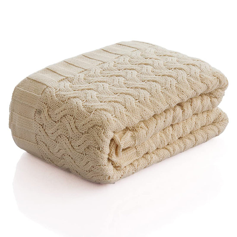 Pluchi Criss Cross Cotton Knitted All Season AC Throw Blanket in Natural Color ((125 cm x 150 cm))