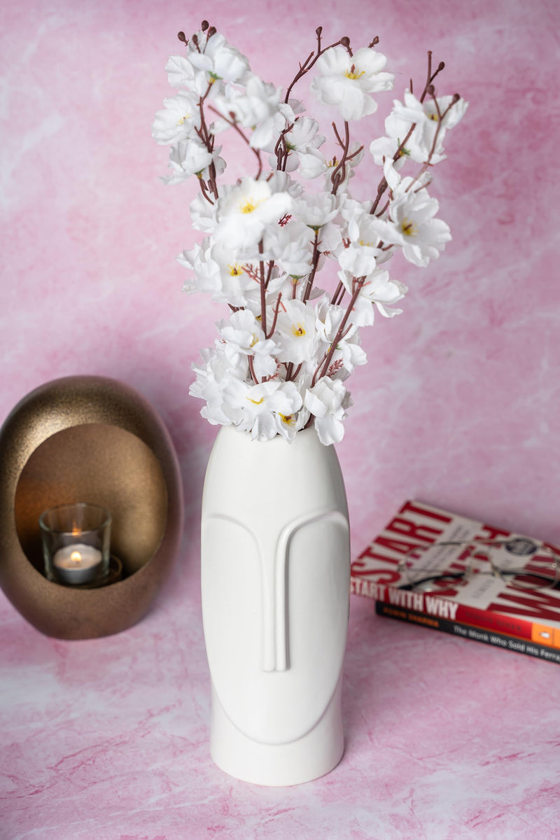 Cheeni Maati 10 Inch Ceramic Abstract Face Vase - Gloss Finish in Timeless White, Perfect for Stunning Floral Arrangements and Unique Home Styling