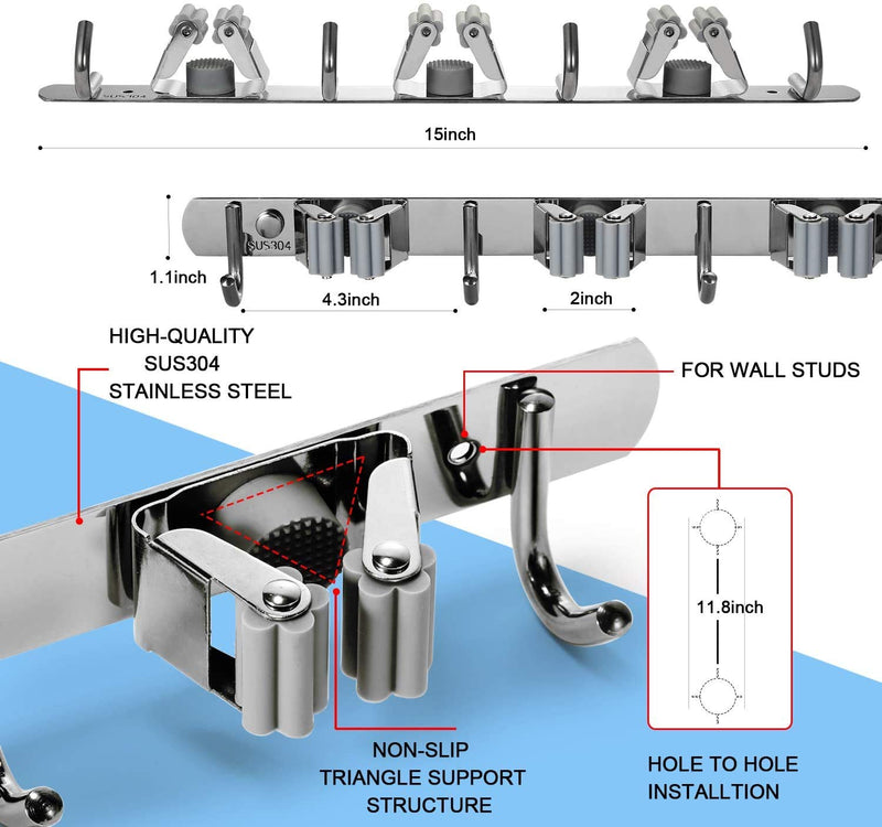 Zollyss Broom Mop Holder Wall Mount Stainless Steel Wall Mounted Storage Organizer Heavy Duty Tools Hanger with 3 Racks 4 Hooks for Kitchen Bathroom Closet Garage Office Garden 1Pc Hanging Shelves