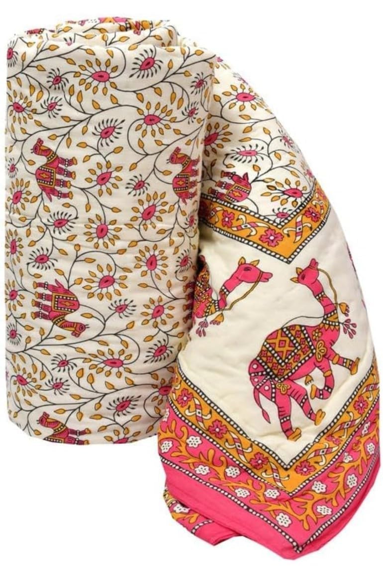 PINAARAS Interior Cotton Jaipuri Razai Single Bed Rajasthani Camal Print Quilt Blanket - Pink (Size - 55X85 Inches)