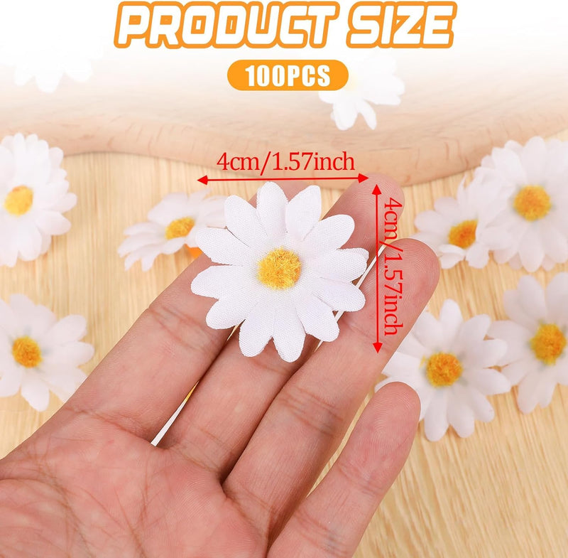 100Pcs 1.5 Inch Artificial Gerbera Daisy Fabric Flower Heads, White Artificial Chrysanthemum Flowers for Wedding Party, DIY Craft