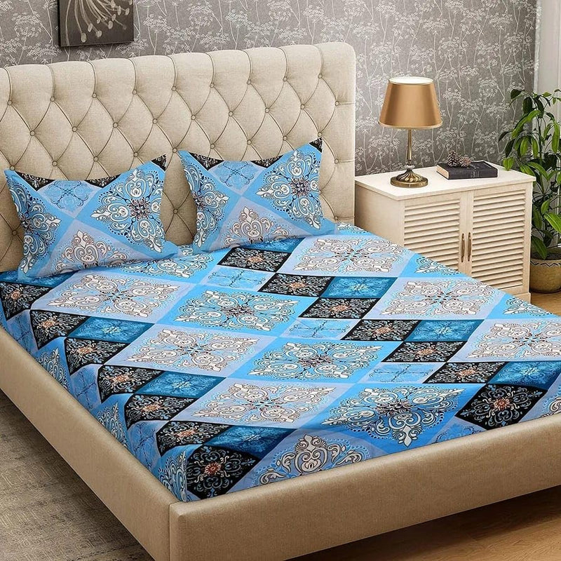 Mahika 3PCS Fitted Bedsheet Set Queen Size Bedsheeet for Double Bed | Glace Cotton Digital Pannel Print Flatsheets for Home, Bedroom,Queen Size with Two Pillow Cover (90 X 100 inches) (Nevy Blue)