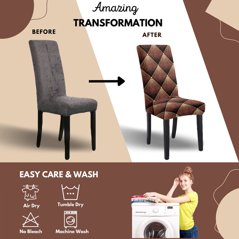 DECORIAN Premium Stretchable Printed Dining Chair Covers Elastic Chair Cover Seat Case Protector, Slipcovers (Brown Geometric, 6), Polycotton Spandex