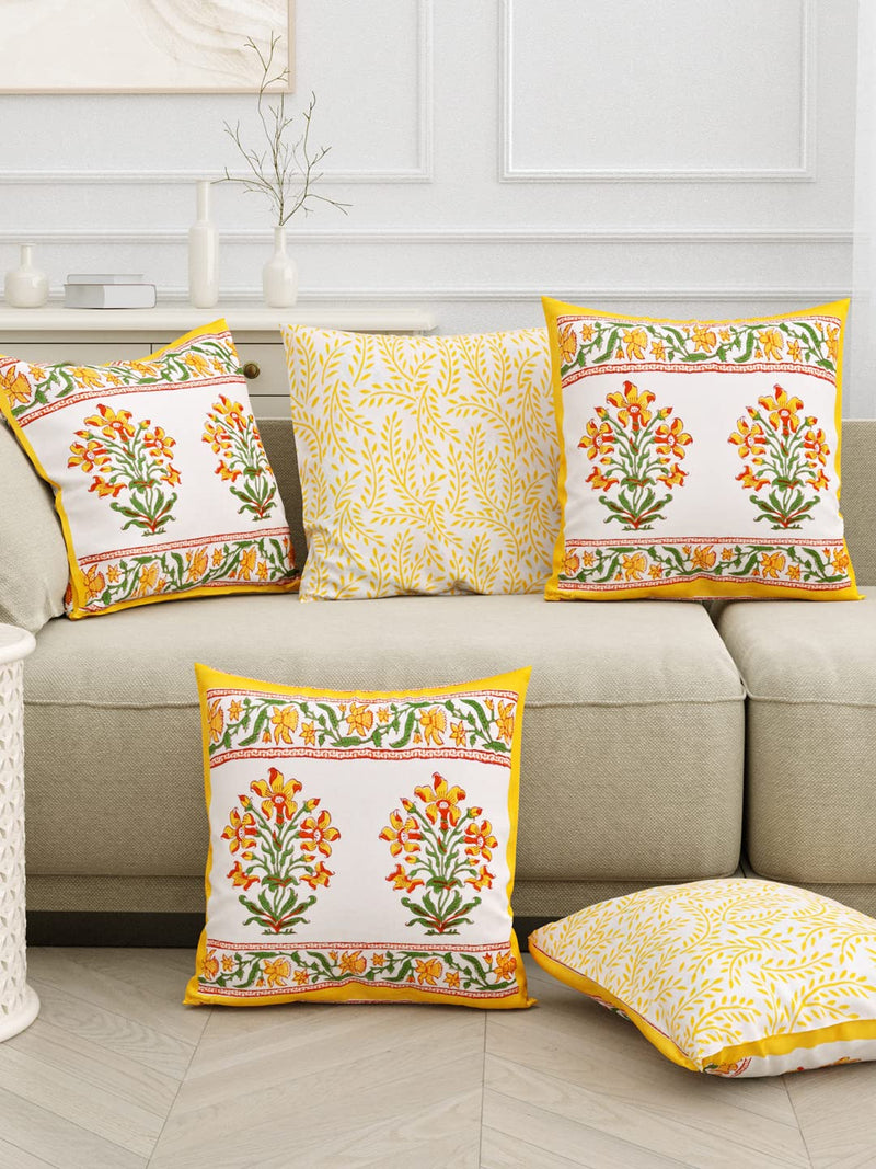 BLOCKS OF INDIA Hand Block Printed Cotton Cushion Cover (16 X 16 Inches) (Yellow Flower), 300 TC