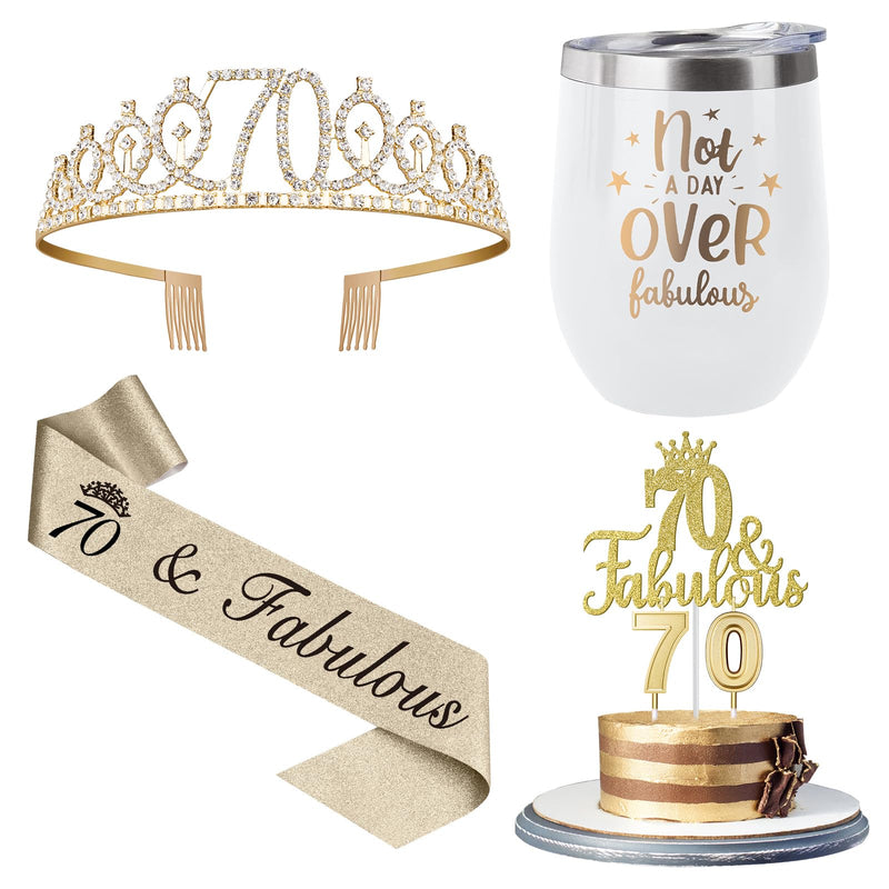 70th Birthday Decorations Gifts for Women Including 12oz Wine Tumbler Coffee Mug, 70th Birthday Crown and Sash, 70 Birthday Candles and Cake Topper, 70th Birthday Gifts Idea (Gold White)