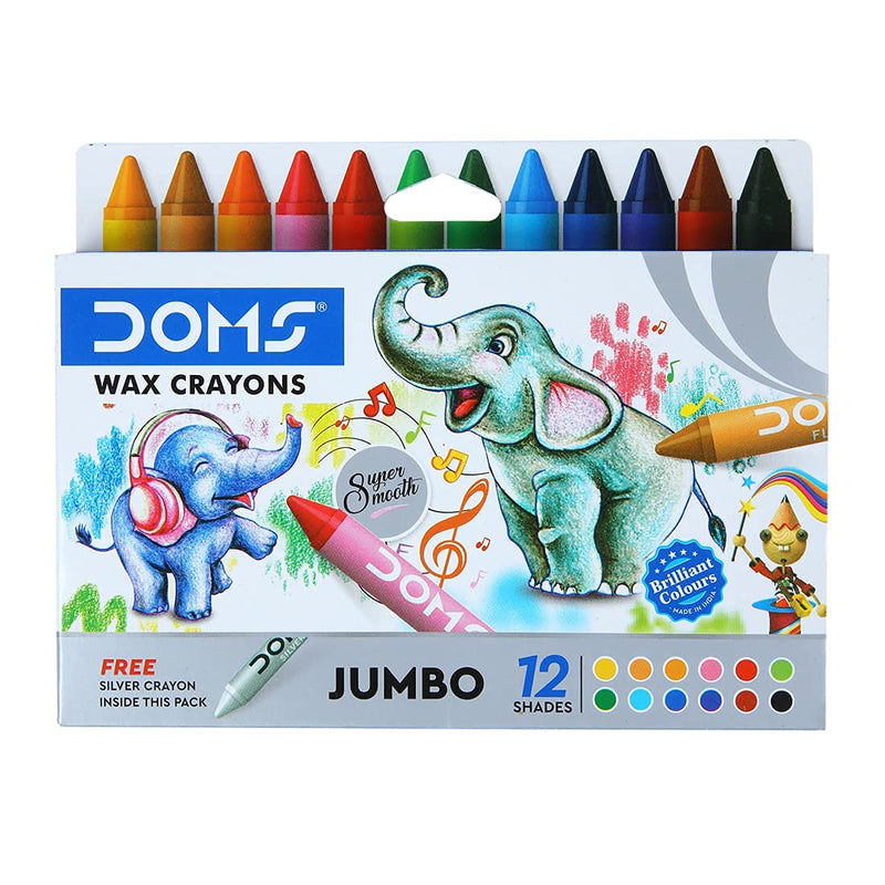 Doms 12 Shades Jumbo Wax Crayons | Smooth & Even Shading | Bright & Playful Colors | Free Silver Crayon Inside | Non-Toxic & Safe for Childrens | Pack of 1