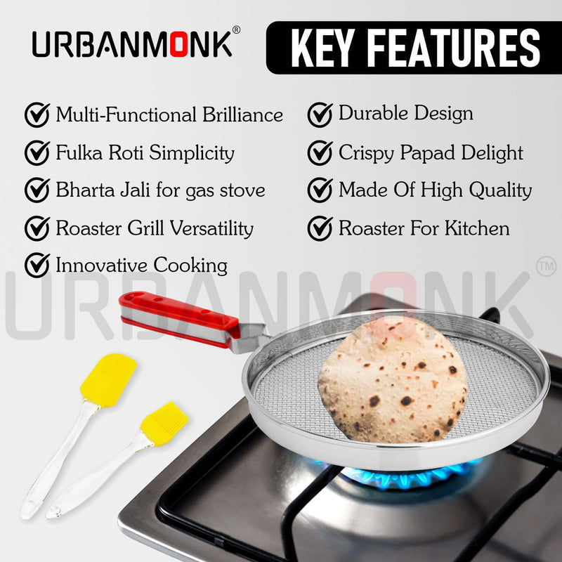 URBANMONK Phulka Grill for Gas Stove | Jali for Kitchen Cooking |pulka Grill for Home Gas Stove | Gas Grill Tawa, Papad & Brinjal Roaster | Free Silicon Spatula & Oil Brush Set