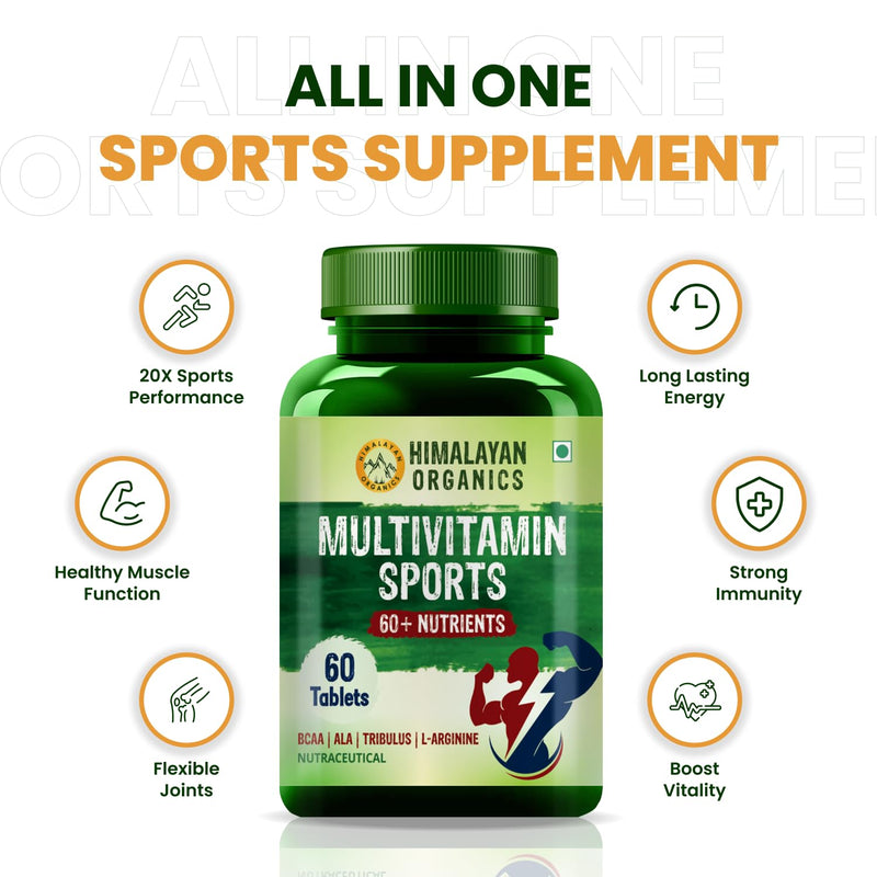 Himalayan Organics Multivitamins Sports Tablets for Men with L Arginine, Tribulus, Amino Acids, Probiotics, Testosterone & Muscle Building Blend - 60 Ingredients - 60 Tablets