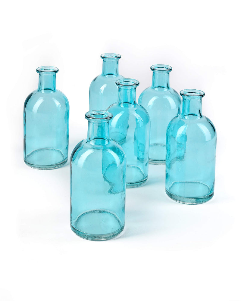 Serene Spaces Living Blue Medicine Bottle Bud Vases, Set of 6 - Semi-Transparent Antique Vases Provide Vintage Style Anywhere, 5.25" Tall