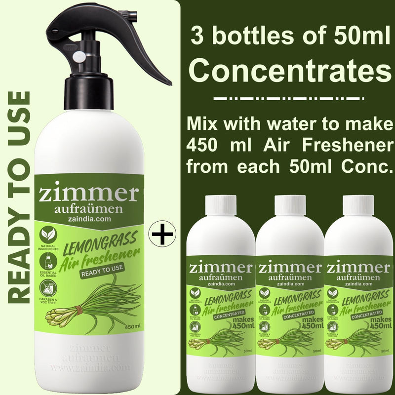 Zimmer Aufraumen- Room Air Freashener, Lemongrass, (Ready Spray) - 450 ML + 3 Concentrates for making 3X450 ML Room Freshener