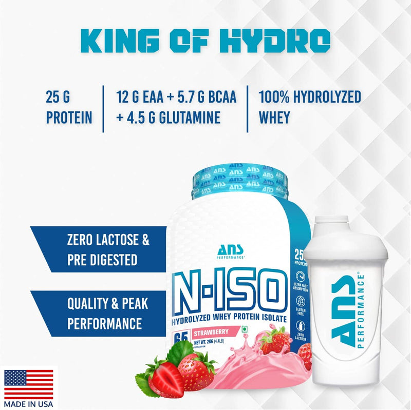 ANS Performance N-ISO Hydro Whey Isolate Protein 4.4 lbs 100% Hydrolyzed 12 g EAA + 6 g BCAA + 5 g Glutamine, Zero Lactose, Zero Gluten