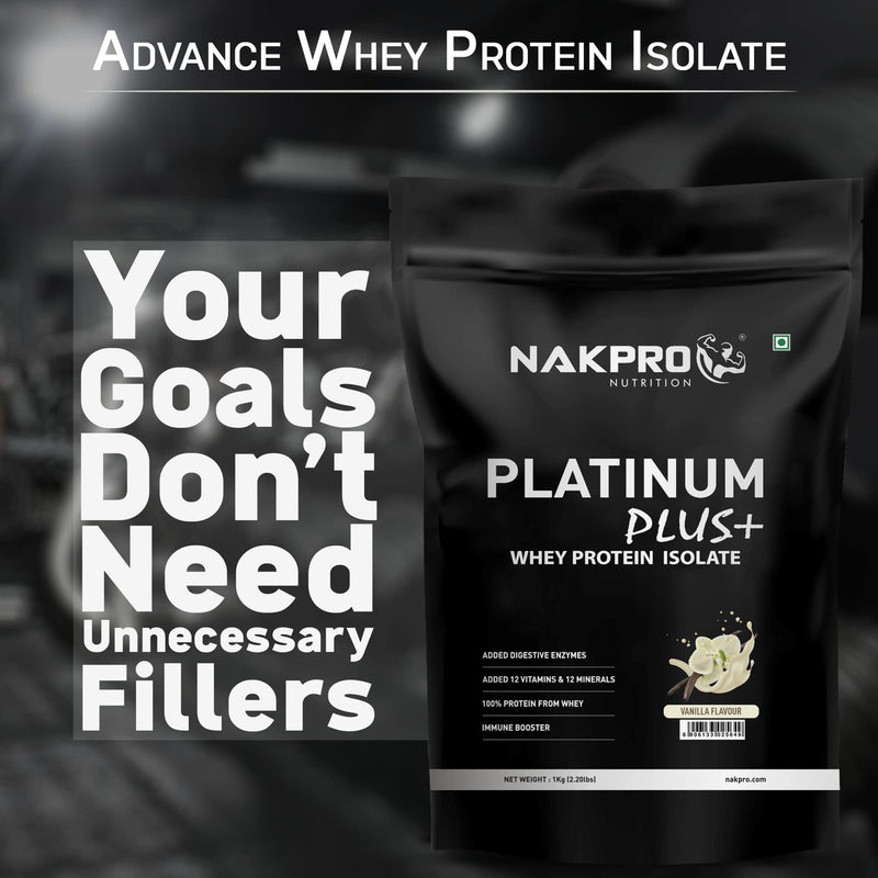 NAKPRO Platinum Plus+ Whey Protein Isolate with Digestive Enzymes | 28g Protein, 6.36g BCAA |Added Vitamins & Minerals (Vanilla, 1 Kg)