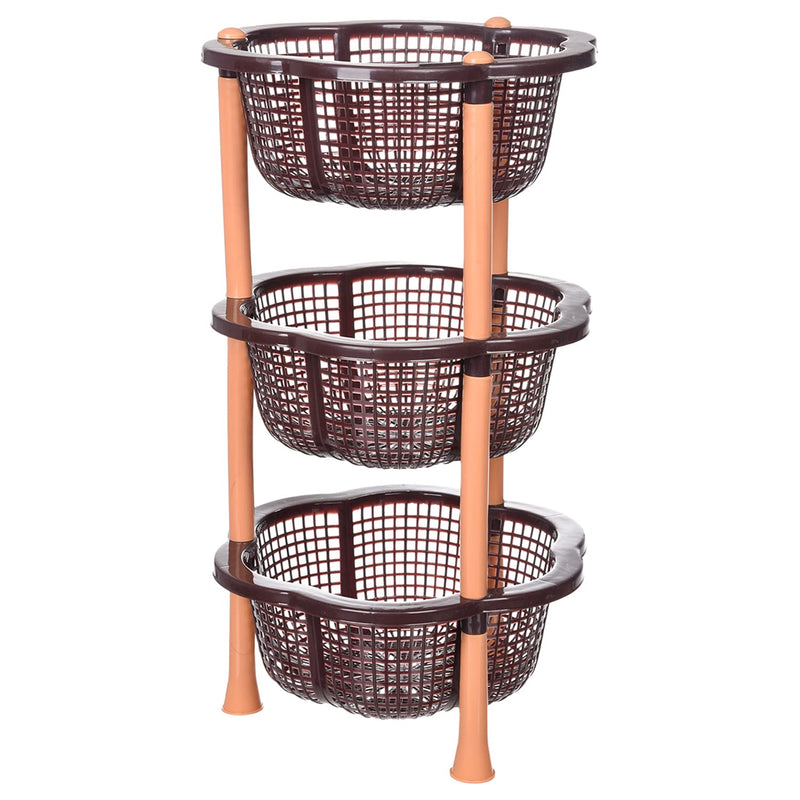 Kuber Industries Storage Basket | Plastic 3 Layer Kitchen Storage Basket | Storage Rack for Kitchen | Multi-Layer Vegetable Rack | Desire Floor-Standing Rack | Brown