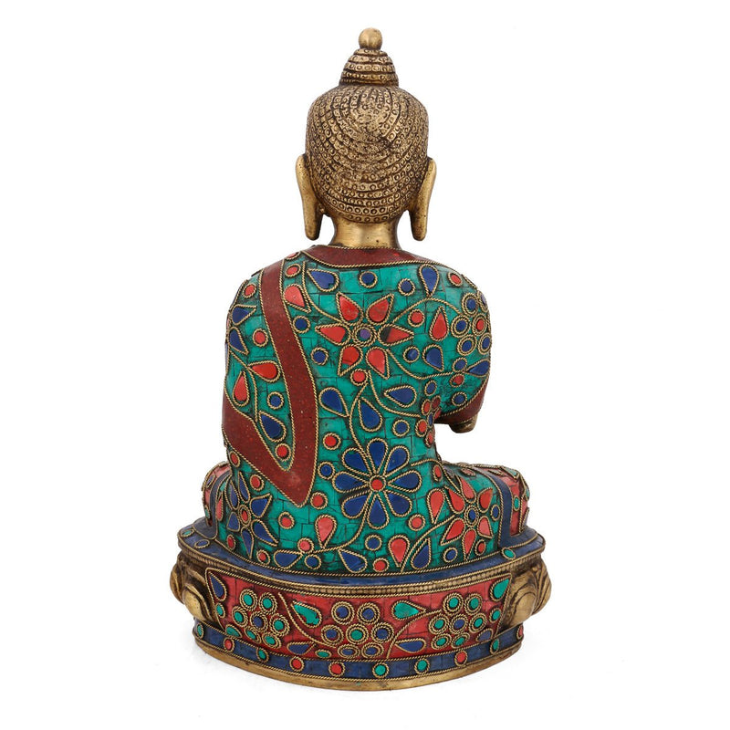 Collectible India 10" Big Thai Buddha Statue Handmade Lotus Sitting Blessing Buddhism Idol - Brass Turquoise Stone Floral Work