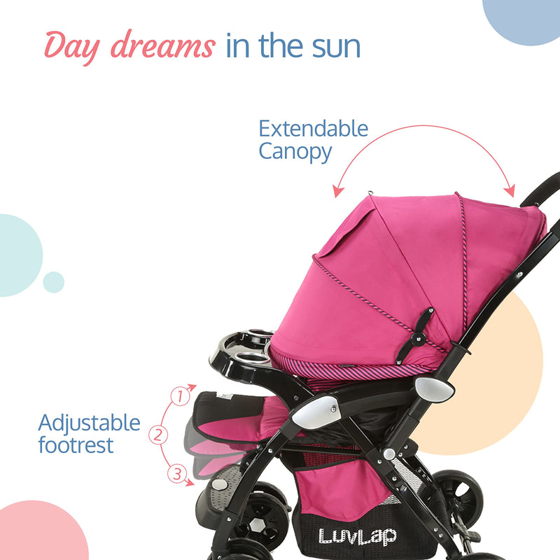 LuvLap Galaxy Baby Stroller, Pram For Baby With 5 Point Safety Harness, Spacious Cushioned Seat With Multi Level Seat Recline, Easy Fold, Lightweight Baby Stroller For 0 To 3 Years (Pink & Black)