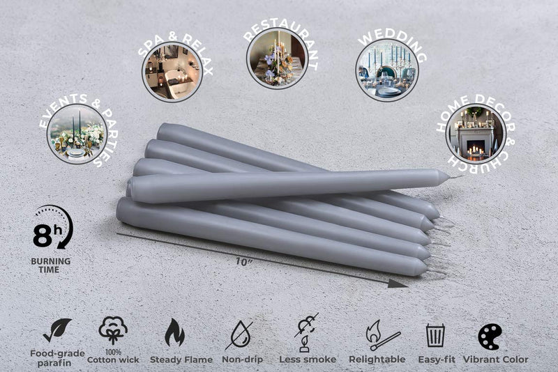 Set of 10 Grey Dripless Taper Candles 10" Inch Unscented Charcoal Tall Dinner Candles for Wedding Restaurant Home Decoration Spa Church Smokeless with Cotton Wicks