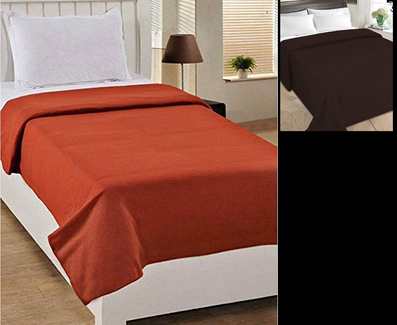 Wavva® Plain and Printed Fleece 2 Single Bed Blankets-Orange,Brown (Set of 2)