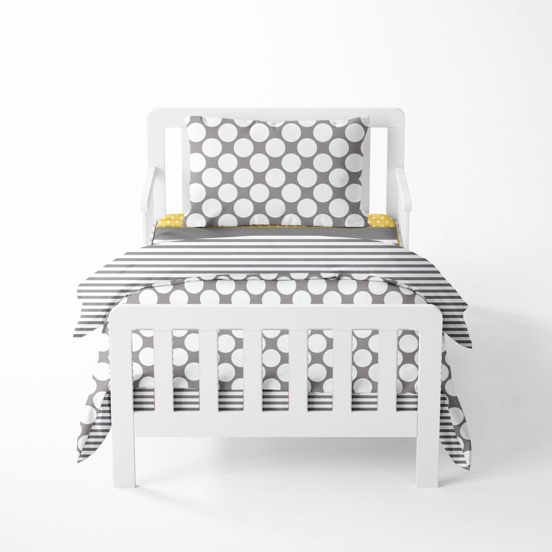 Dots/Pin Stripes Grey/Yellow 4 pc Toddler Bedding Set