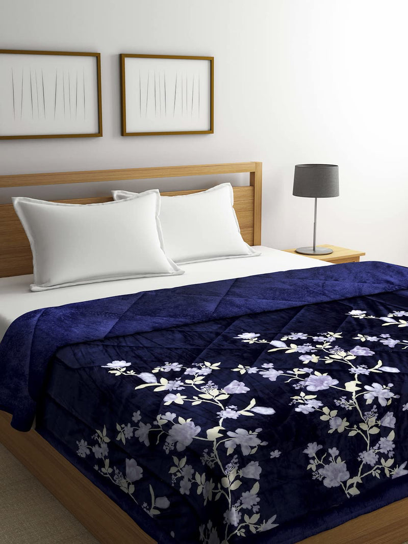 Arrabi Blue Floral Polyester Full Size Double Quilt | ARQT-1008-Blue