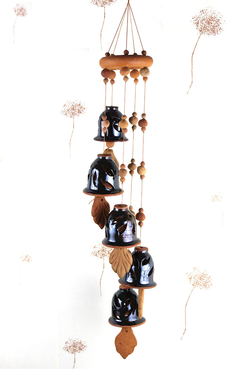 Terracotta Ceramic Coated Black Wind Chime (Five Bells) Ring Design Handmade Craft with Great Melodious Sound Bells