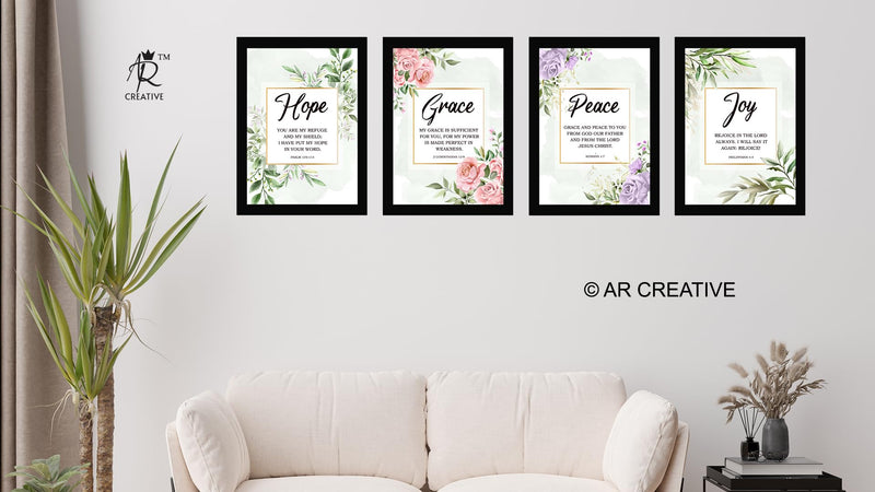 AR Creative HOPE, GRACE, PEACE, JOY - Bible Verse Wall Art, Bible Quotes Print with Frame, Home, Office Decor, Bible Quotes Poster (13.6 inch x 10.2 inch), Set of 4