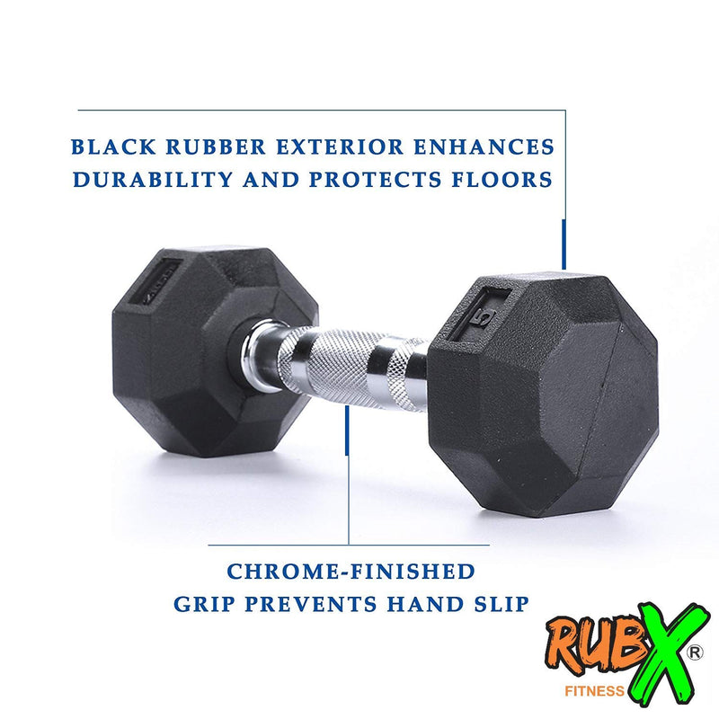 RUBX Rubber Coated Professional Exercise Hex Dumbbells (Pack Of 2) 5 Kg X 2Pc (Total = 10 Kg), Silver