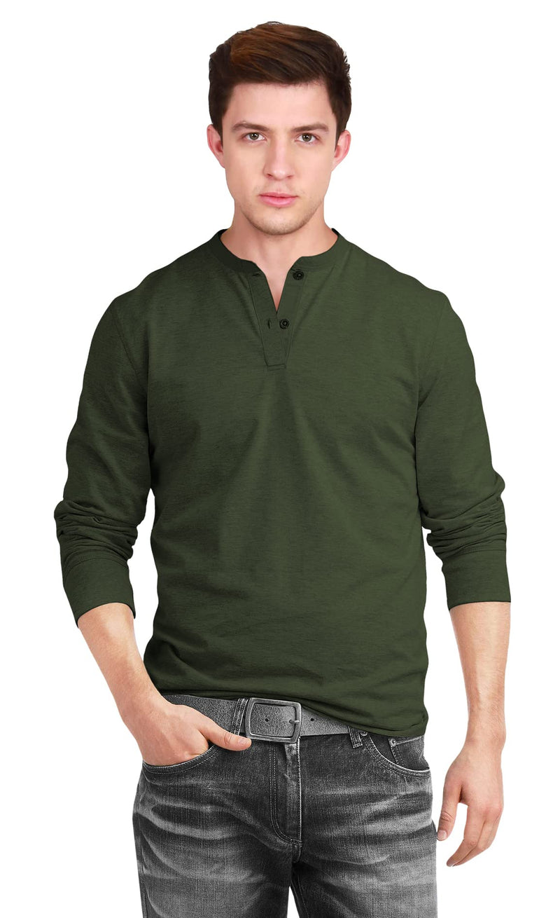 fanideaz Branded Men's Relaxed Fit Full Sleeve Henley T Shirt For Men_Olive_L