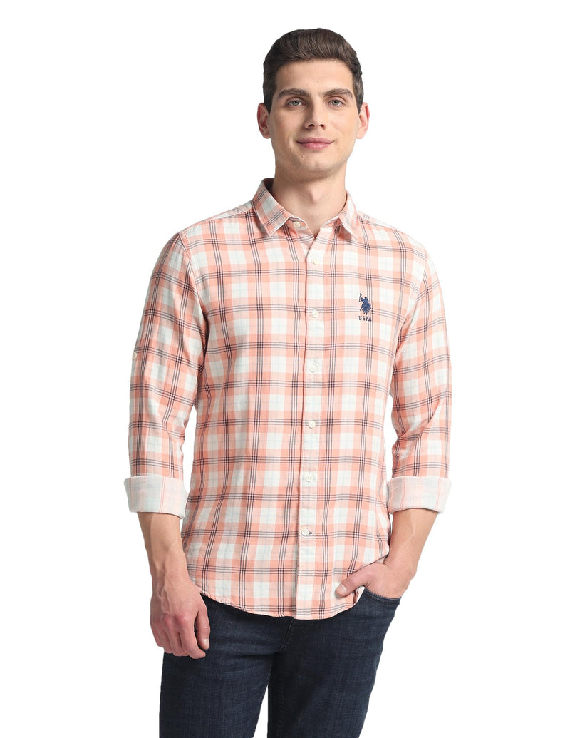 U.S. POLO ASSN. Men's Checkered Slim Fit Shirt (UDSHT0931_Peach