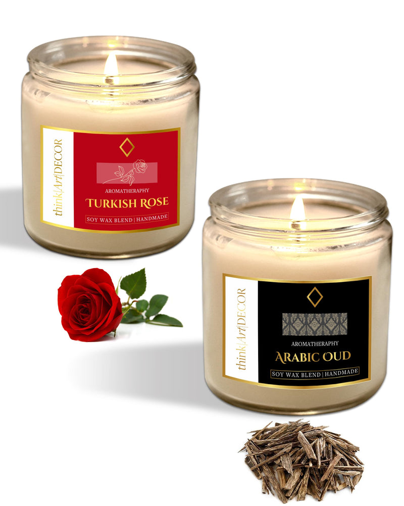 ThinkArtDecor 2 Scented Soy Wax Candle, 35-40 Hrs EACH, Luxury Aromatherapy Votive Jar with Aromatic Tealights, Scented Candles for Home Decor, Fragrance Gift Set, 450gmX2, Oud + Rose