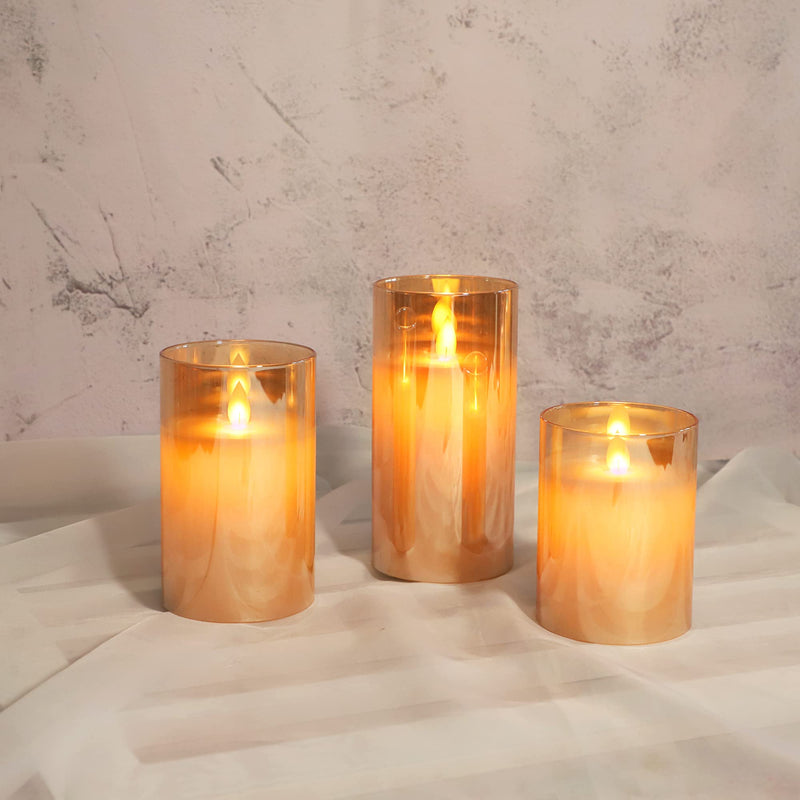 Crystal Club Gold Glass Flameless Candles, Battery Operated LED Pillar Candles with Remote, Flickering Flameless Candles with Timer, Amber Glass Effect Candle & Gold Decor for Christmas Home Decors