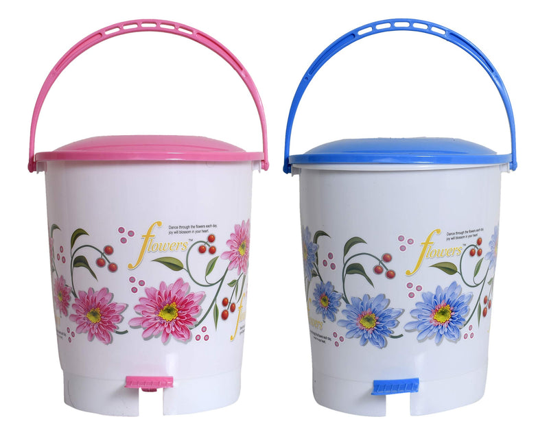 Kuber Industries Step On Pedal Dustbin/Bucket with Lid|Flower Print & Solid Plastic Material|Size 28 x 28 x 32 CM, Pack of 2, Capicity 10 Liters (Pink & Blue)-KUBMART10952