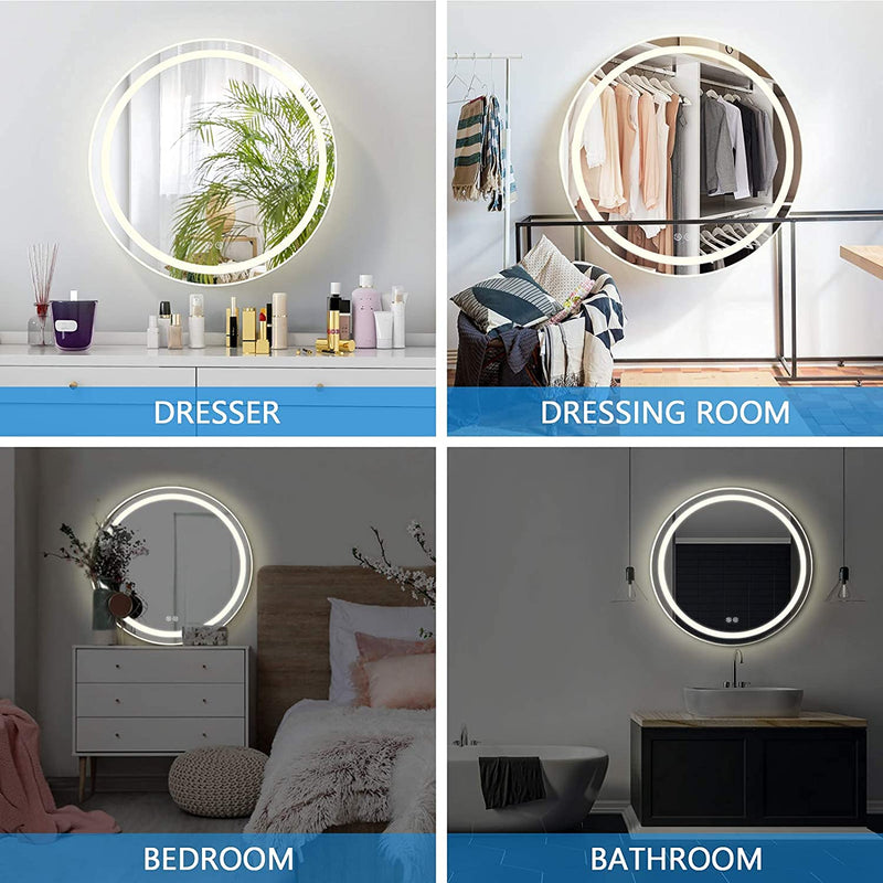 VENETIAN IMAGE 30 Inch Round Wall Mirror - Bathroom LED Lighting, Dimmable Vanity Mirror with PVC Frame, 4000K Plug-in/Hardwired Lighted Mirror for Bedroom & Living Room, CRI 80+ (76cm)