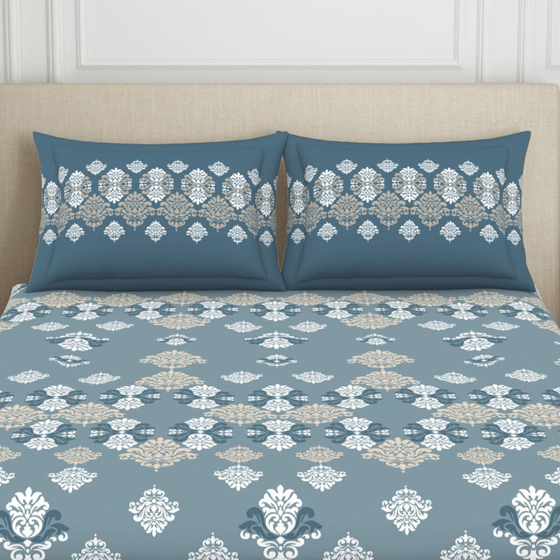 Spaces 100% Cotton Double Fitted Bedsheet with 2 Pillow Covers (Size 60 X 78 Inches) | 144 TC Fitted Sheet for Double Bed | Breathable Pure Cotton Queen Size Bedsheet | SS24 | Ornate Light Blue