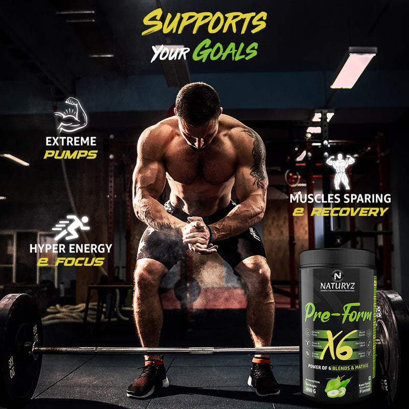 Naturyz Pre - Form X6 Pre Workout Supplement With Highest 19 Nutrients For Extreme Pump, Powder, Endurance, Energy, Focus, Muscle Builder, Vitamins & Electrolytes- 400G (Aam Panna Flavour)