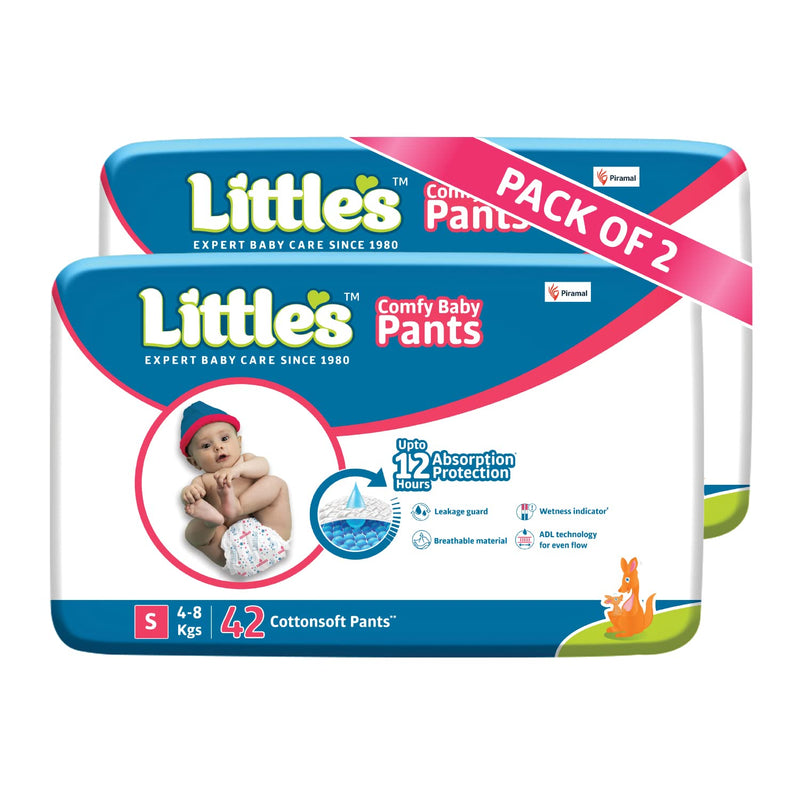 Little's Baby Pants Diapers with Wetness Indicator & 12 Hours Absorption, Small, White, 4 - 8 kg, 84 Count