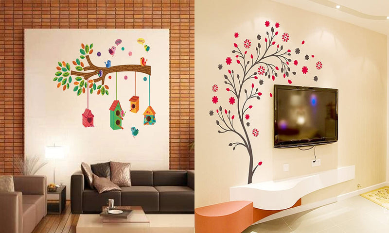 Walltech Set of 2 Wall Sticker Bird House On A Branch and Magical Tree Wall Sticker(Polyvinyl Chloride)