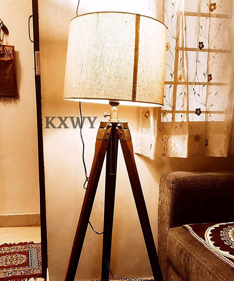 KXWY Tripod Floor Lamp | Antique Designed Jute Fabric With Khadi Shade Decorative Wooden Crafter Standing LED Floor Lamp For Living Room, Bed Room And Office, Standard