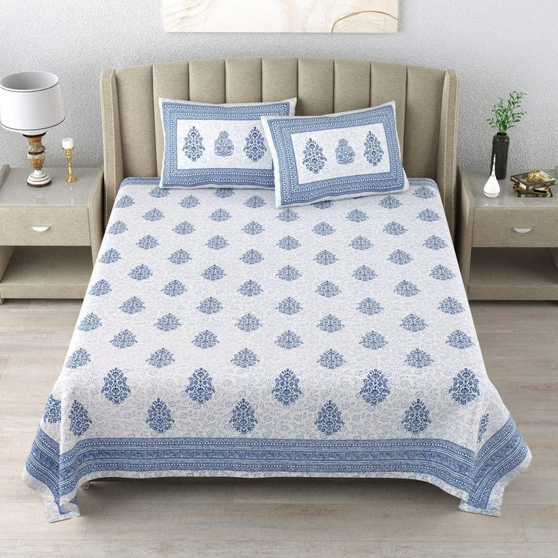 CottoNaps 100% Cotton Double King Size Bedsheet, 210TC, Hand Block Print, Block Printed Bedsheets Traditional Jaipuri Bedsheets,King Bed Bedsheet, Rajasthani Jodhpuri Bed Sheet 90x108 Blue Pack of 1