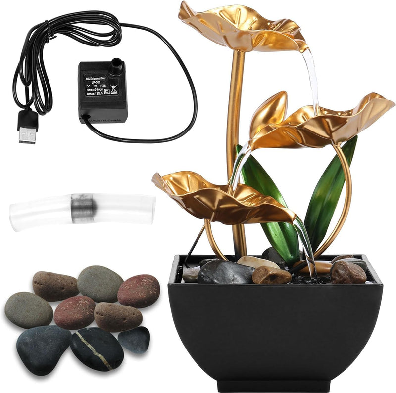 Chhogli Indoor Tabletop Fountain - 3-Tiers Lotus Leaf Small Waterfall Fountains, Resin Meditation Fountain, Zen Relaxation Fountain with Led Light and Pebbles, for Home Bedroom Office Decor