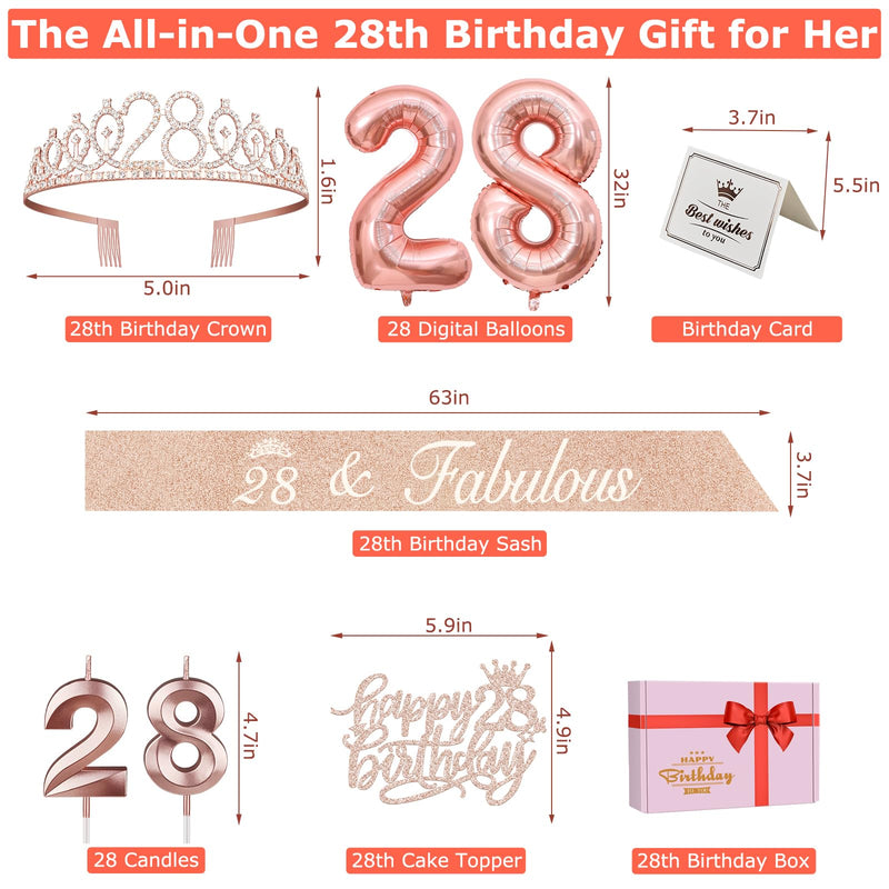 28th Birthday Decorations for Women with 28th Birthday Sash and Tiara, 28th Birthday Candles and Cake Topper, Numeral 28 Balloons, Rose Gold 28th Birthday Gifts for Women