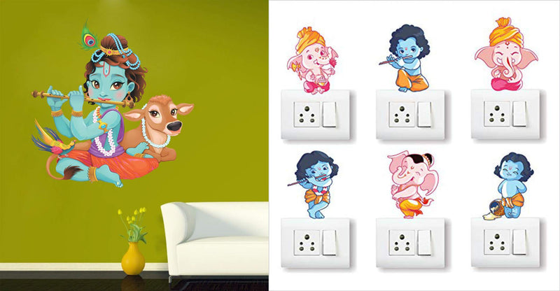 Walltech Combo Pack of Wall Stickers Lord Krishna Flute Playing with Cow (Covering Area 70 x 60 cms) with Ganesh and Friends (Set of -5) Switch Board Sticker