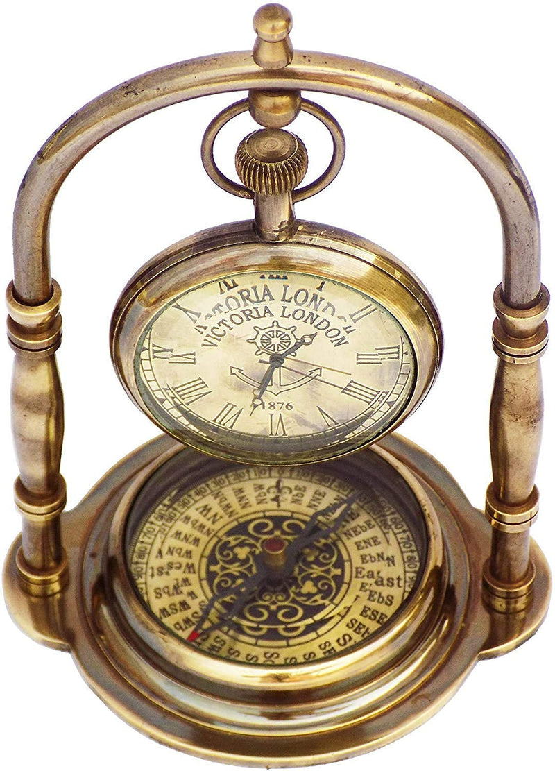 Regal Nautical Desk Clock Table Clock with Maritime Vintage Brass Compass Antique Victoria London Nautical Brass Antique Table, Gold