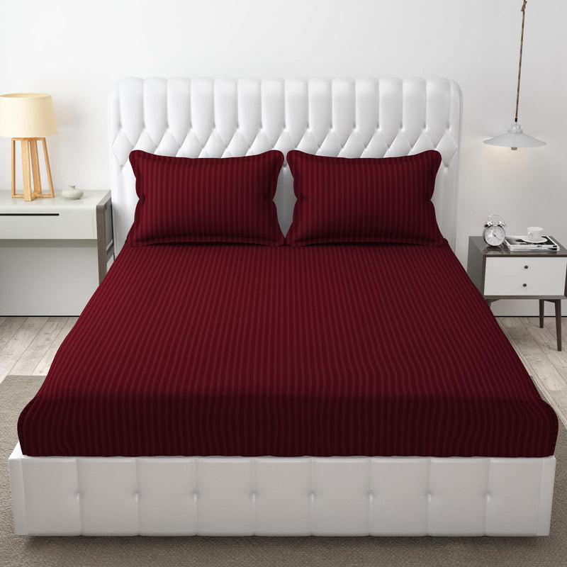 Bed Stylo Heavy Glace Cotton Double Bed Satin Stripe Bedsheet | 90"X100" (Maroon)