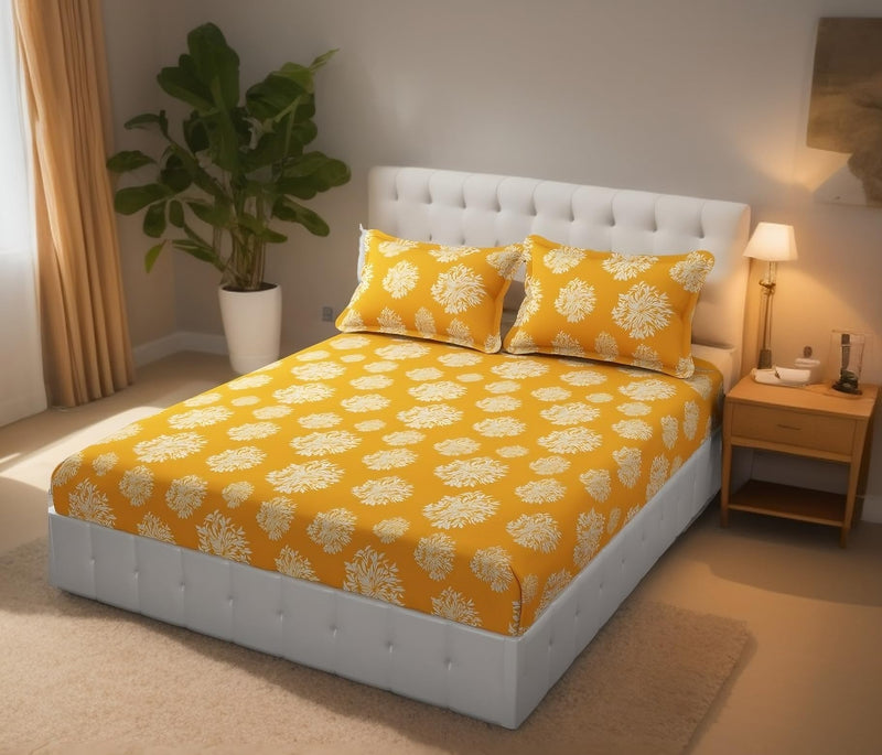 ULOM 220 TC Elastic Fitted Double King Size Bed Cotton Bedsheets with 2 Pillow Covers - King Size 78" x 72" Lruxurious Bedding Set for Ultimate Comfort and Style (Yellow, Fitted - 72"x78" King)