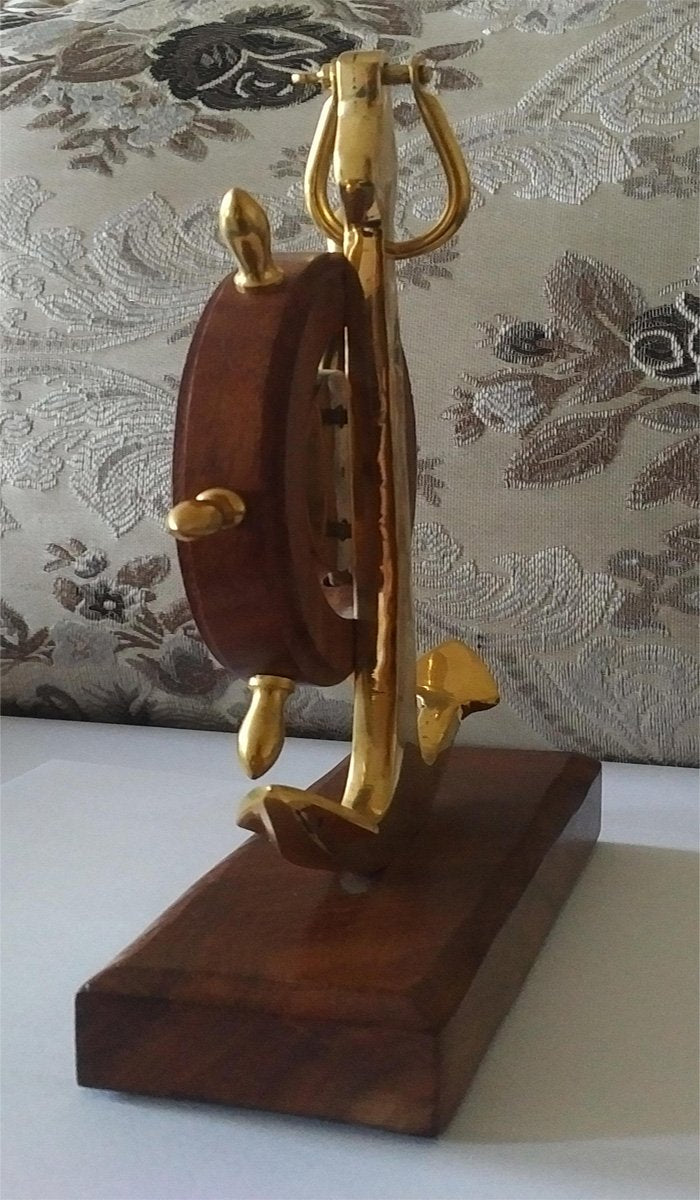 Antique Gifts Shipwheel Anchor Clock Brass Wooden Base Classic Table Top Excellent Gift Desktop Decor Utility Product