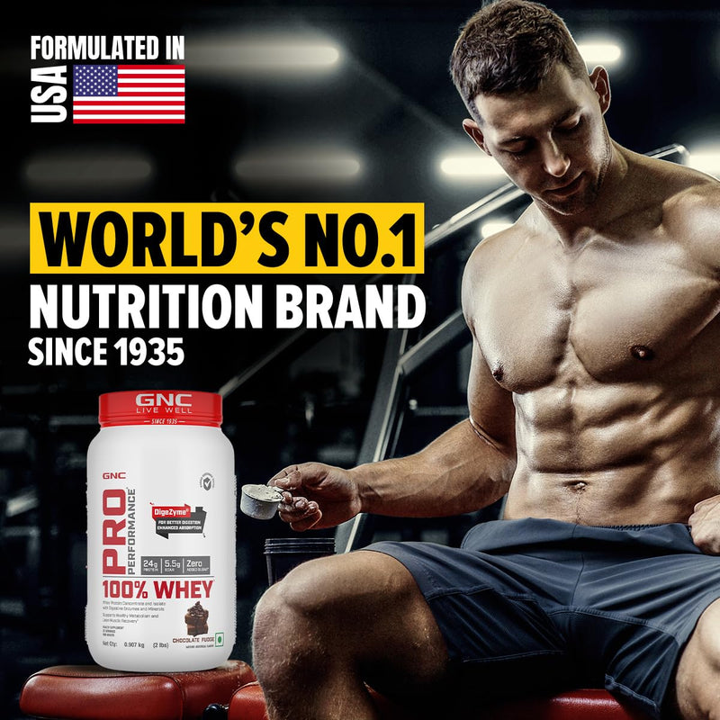 GNC Pro Performance 100% Whey Protein Powder | Boosts Strength & Endurance | Builds Lean Muscles | Fastens Muscle Recovery | Formulated In USA | 24g Protein | 5.5g BCAA | Chocolate Fudge | 2 lbs