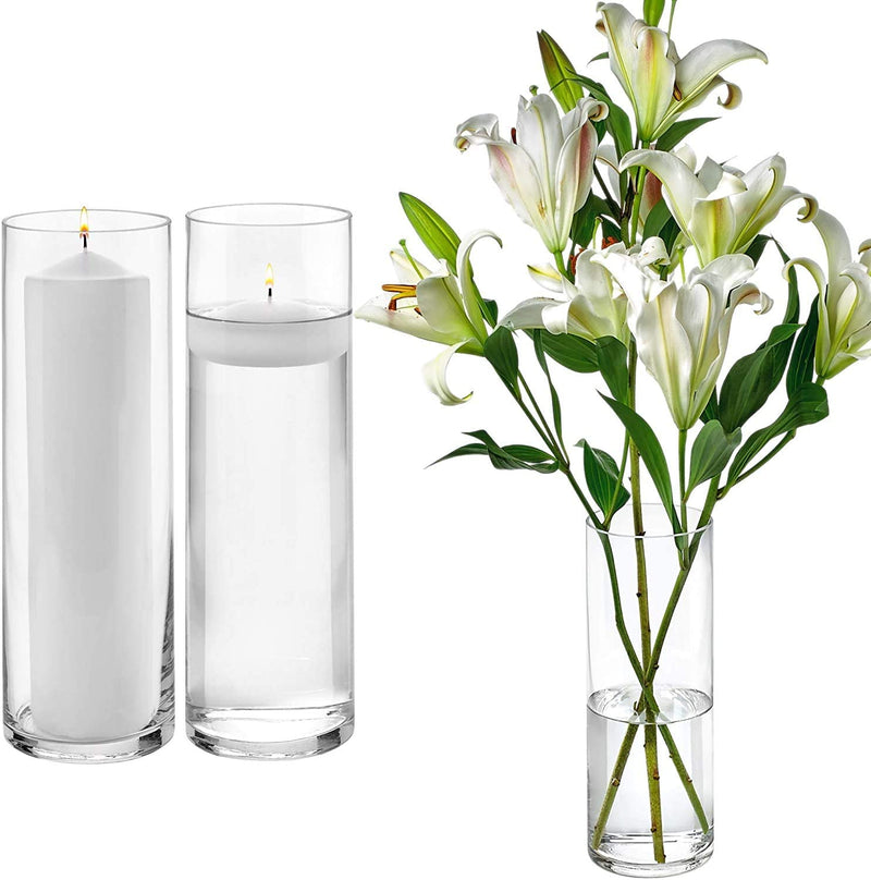 Cylinder Vases 9 Inch Tall X 3 Inch Round - Multi-use: Table top Pillar Candle, Floating Candles Holders or Flower Vase Cylinder Vase- Pack of 2Pcs