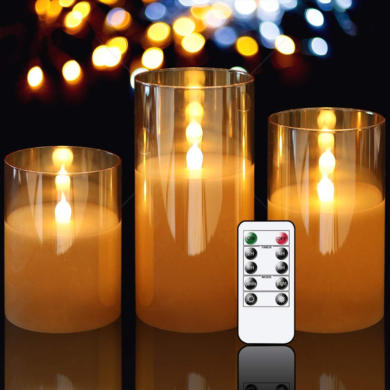 AQUIDAN Set of 3 Gold Glass Flameless Candles with Remote and Timer, Real Wax Tamped Battery Operated LED Pillar Candles with Flickering 3D Flame