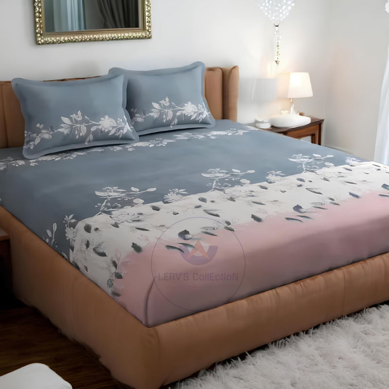 LERV’S CollEctioN 350 TC King Size Double Glace Cotton Bedsheet All Around 360° Elastic Band Fitted Bedcover with 2 Matching Pillow Cover Wrinkle-Free & Soft for Ultimate Comfort (Grey Pink-Floral)